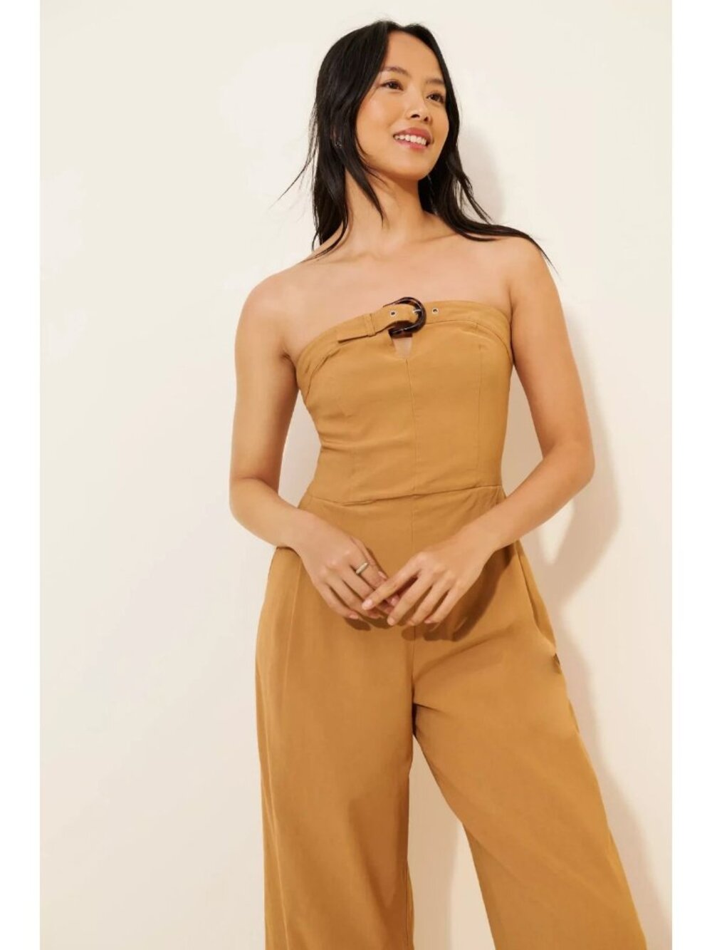 Anthropologie The Belted Linen Blend Jumpsuit 10 Ochre Tan Wide Leg Strapless